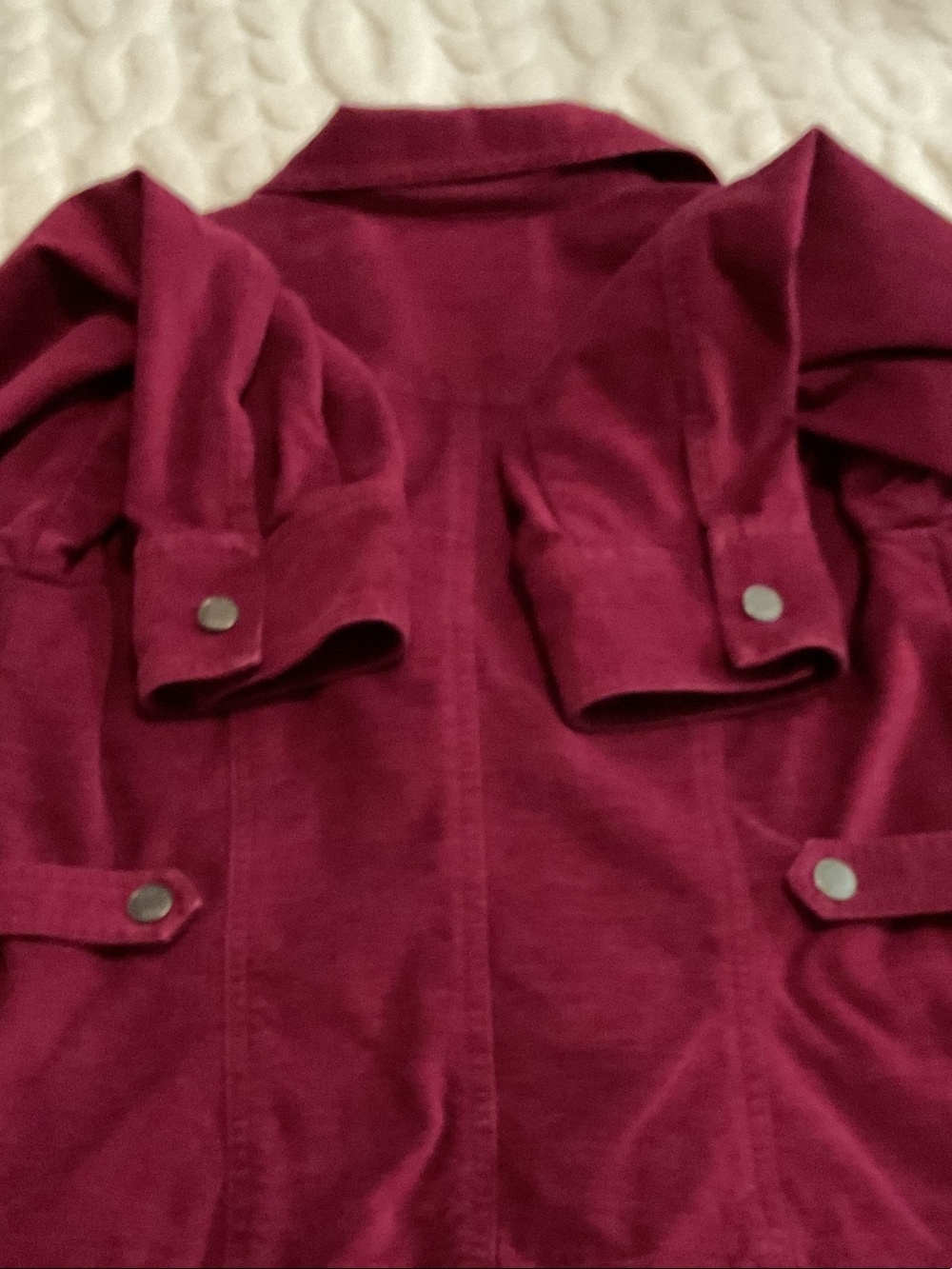 J. Jill Burgundy Corduroy Button-Front Jean Jacket. Deep cranberry color. - Picture 6 of 7